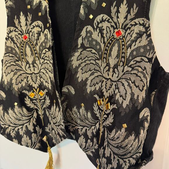 Vintage 80s Body Blue Embellished Vest Black Gray Tapestry Faux Jewels Women’s L - Picture 2 of 4